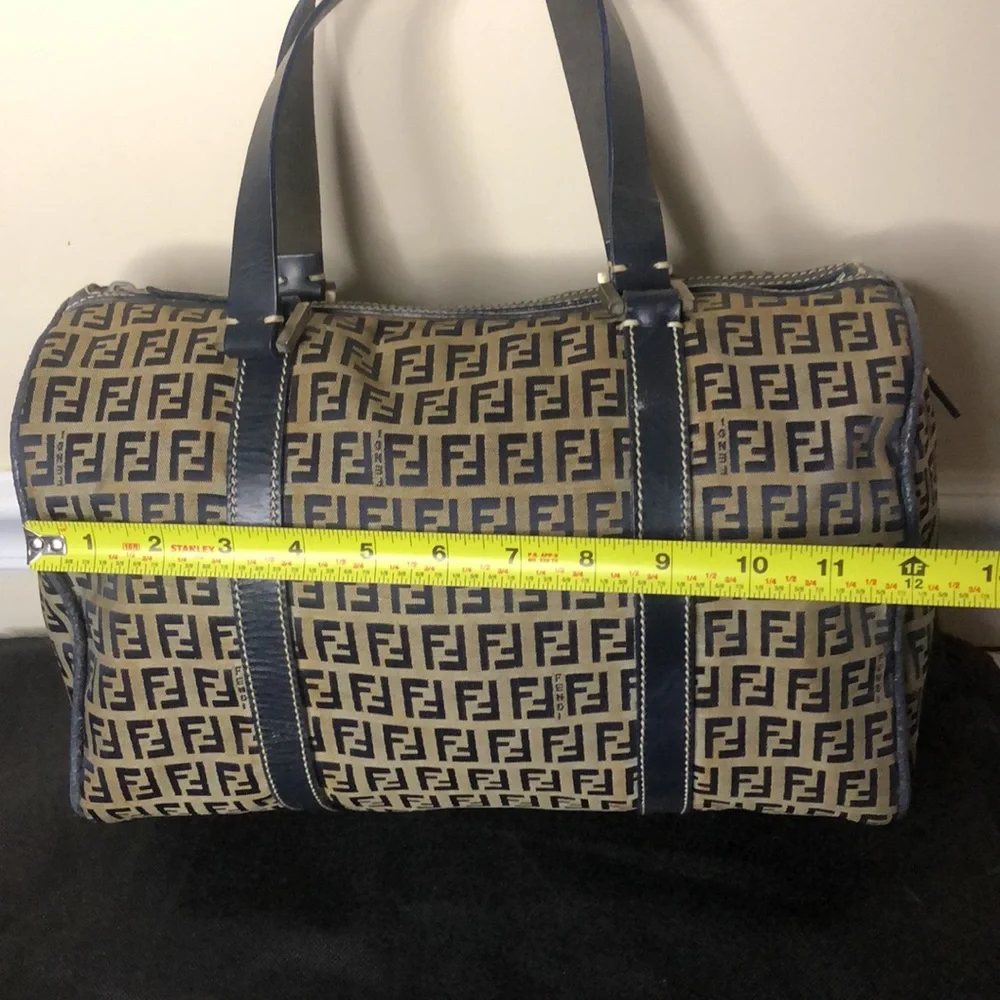 FENDI Zucca Navy Blue Leather Canvas Boston Duffle Travel Bag Speedy 30 EUC